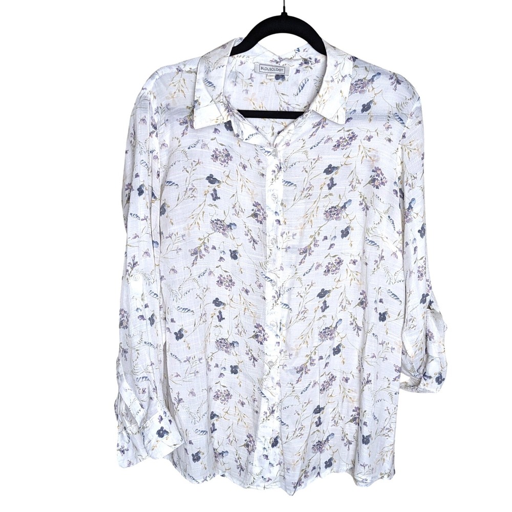 Blousology Sz 1X White‎ Floral Button Front Blouse Cottagecore Romantic Sheer